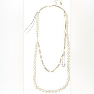 Betsey Johnson Gold and Cream Pearl Necklace With Rhinestone Safety Pin Detail.